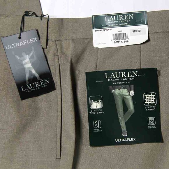 NEW Lauren Ralph Lauren Dress Pants Tan Flat Front Ultraflex Men's Size 36 X 34 - Picture 2 of 2